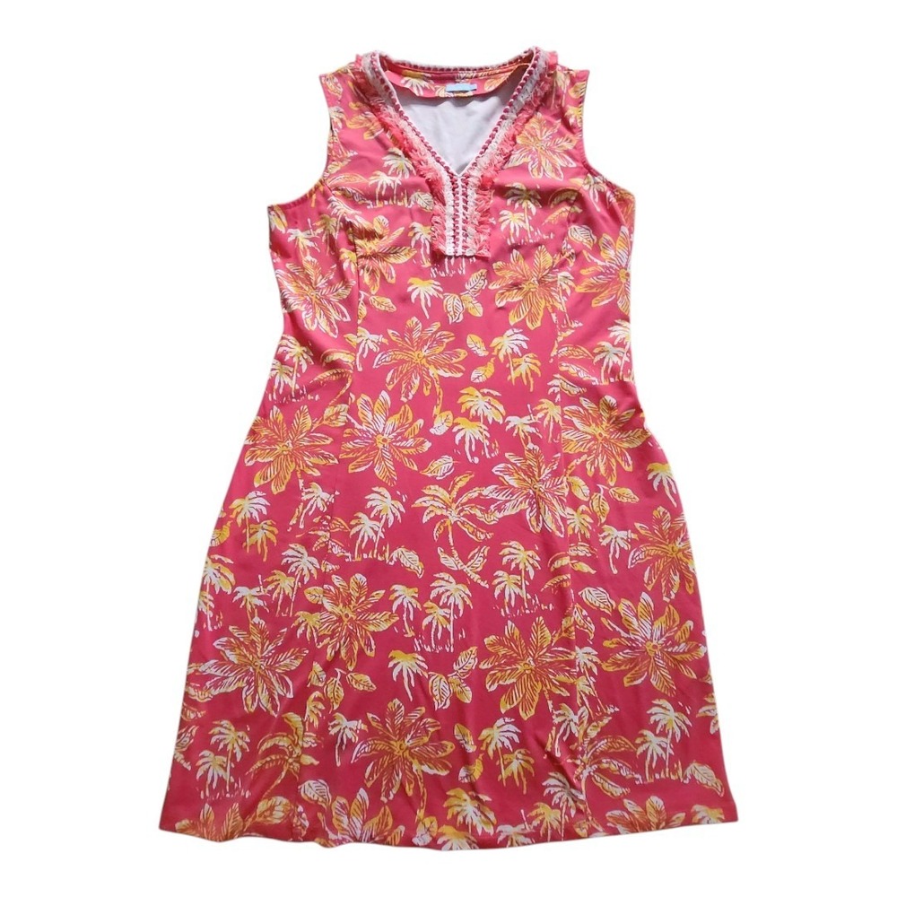 J McLaughlin Large Brent Kona Dress Stretch Resortwear Coral Catalina Palm Tree